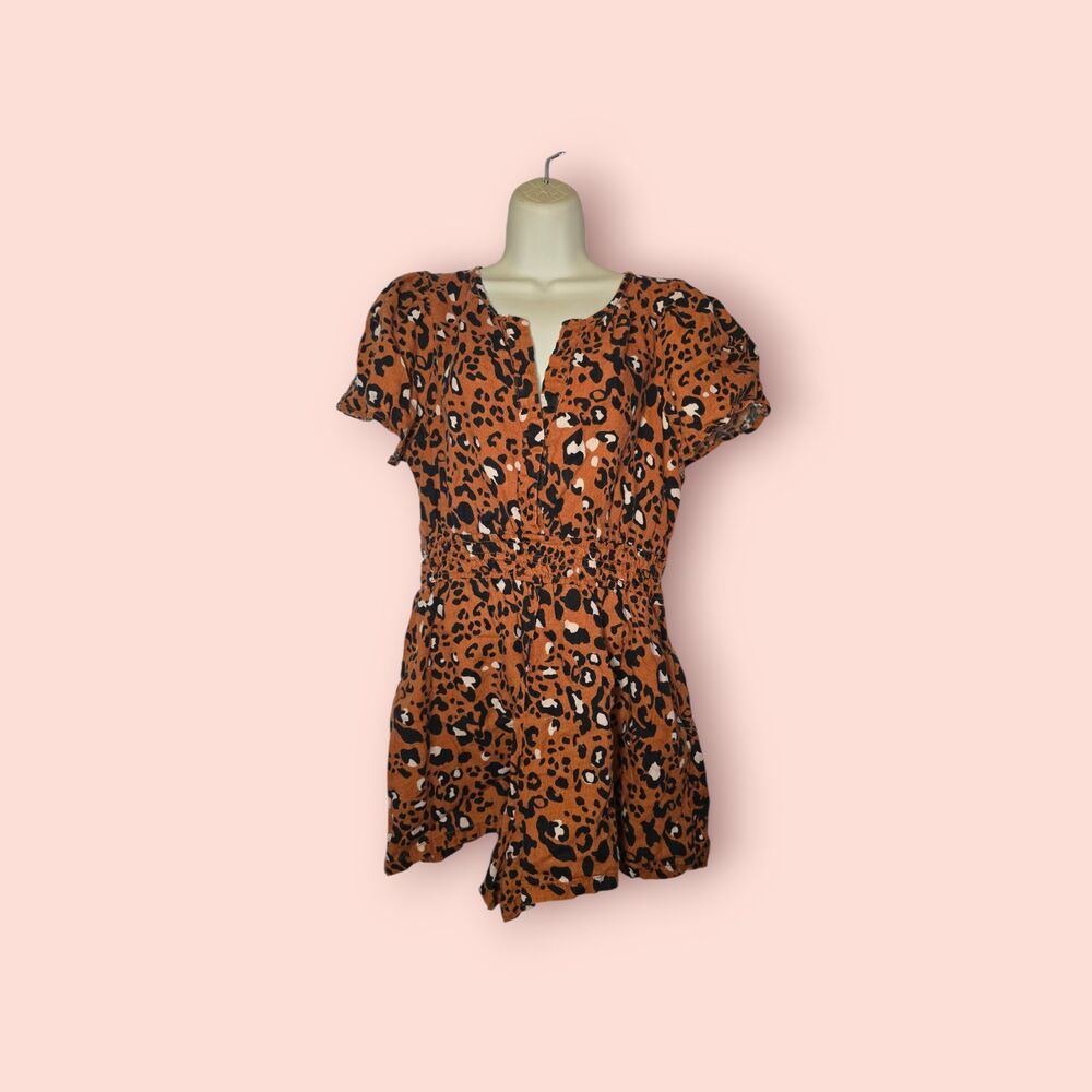 Anthropologie Leopard Print Somerset Smocked Waist Flutter Sleeve Romper Boho M